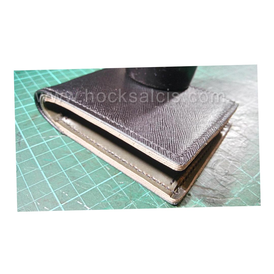 Burnish edge of black saffiano-grey personalised mens wallet – Hocks Alcis handmade